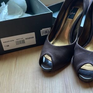 Chocolate satin peep toe heels